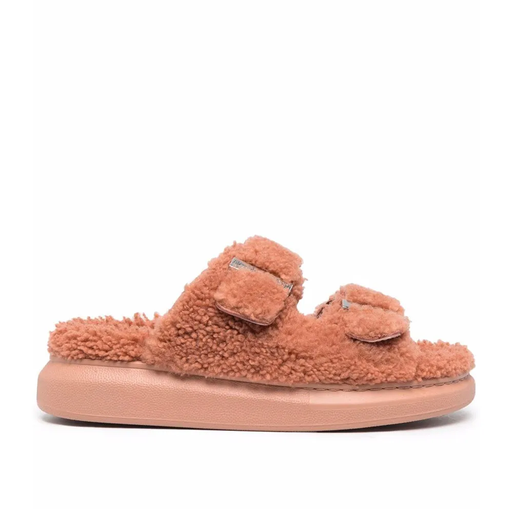 Alexander McQueen Women's Shearling Slide Sandals in Pink