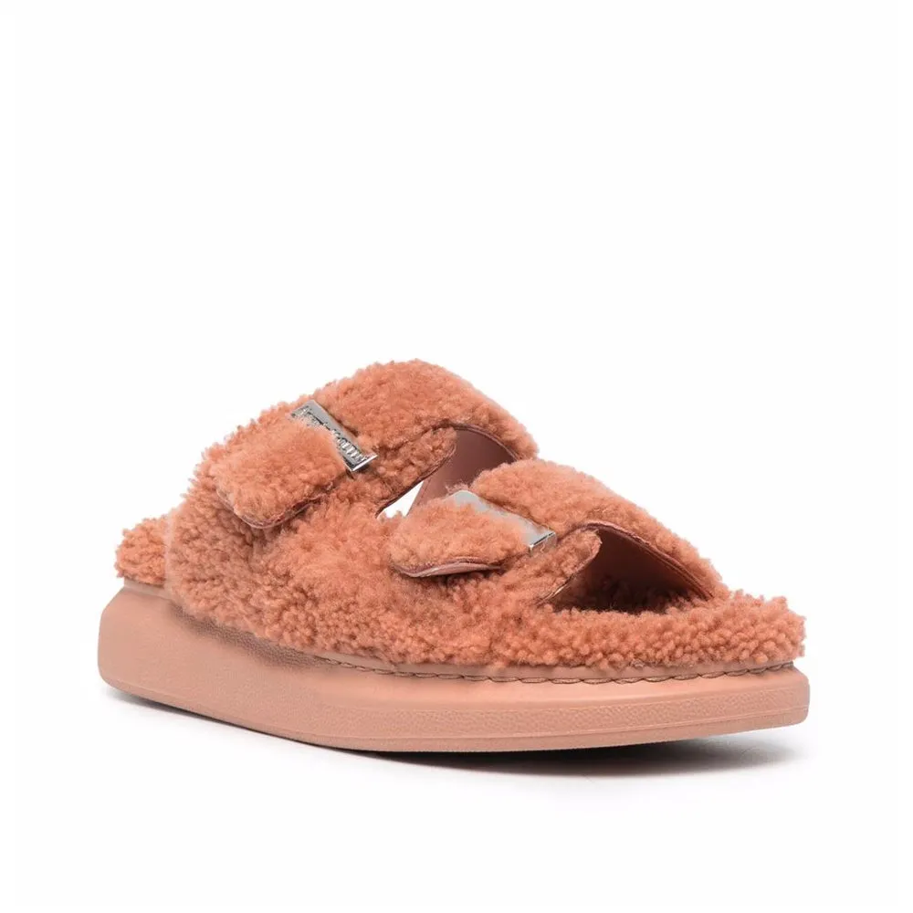 Alexander McQueen Women's Shearling Slide Sandals in Pink