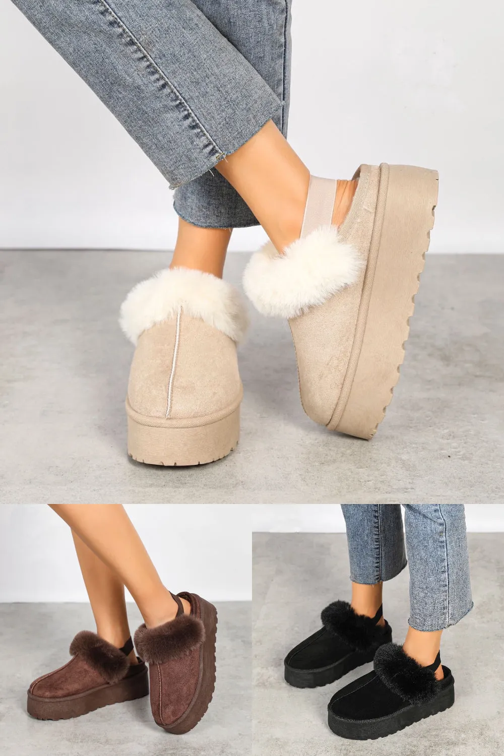 BEIGE FAUX FUR LINED MULES COMFY PLATFORM SLIPPERS