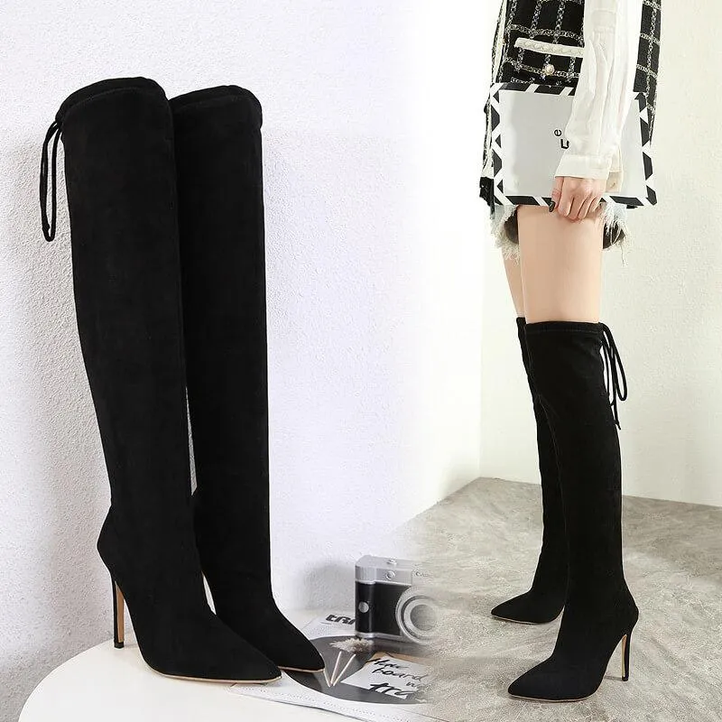 Black High Heel Suede Over Knee Sock Boots