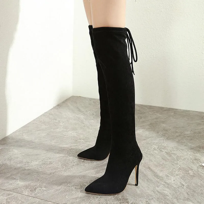 Black High Heel Suede Over Knee Sock Boots