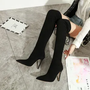 Black High Heel Suede Over Knee Sock Boots