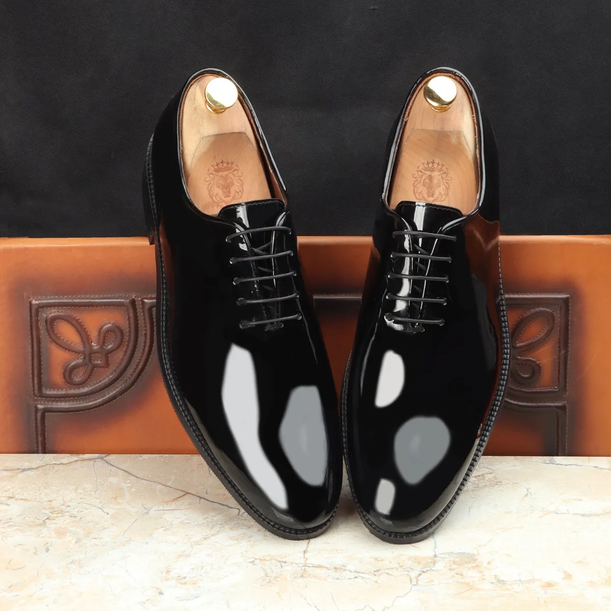 Black Patent Whole Cut/One-Piece Oxford Leather Lace-Up Shoes For Men By Brune & Bareskin