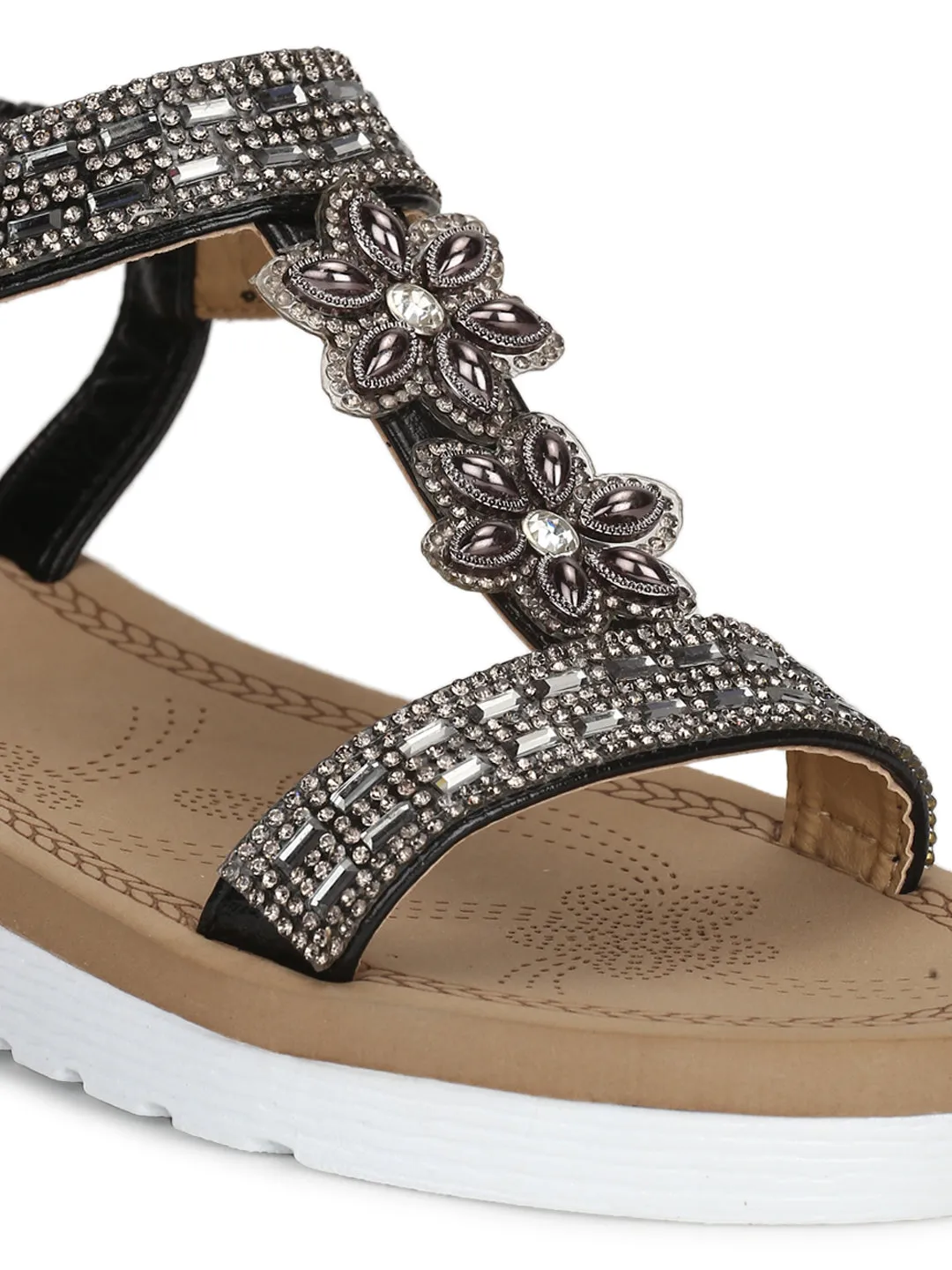 Black PU Diamante Platform Slip-On Sandals