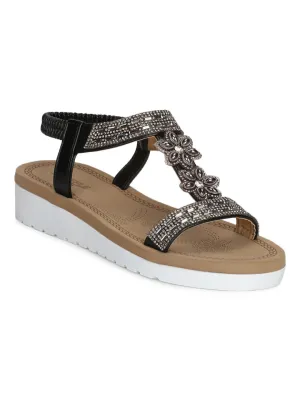 Black PU Diamante Platform Slip-On Sandals