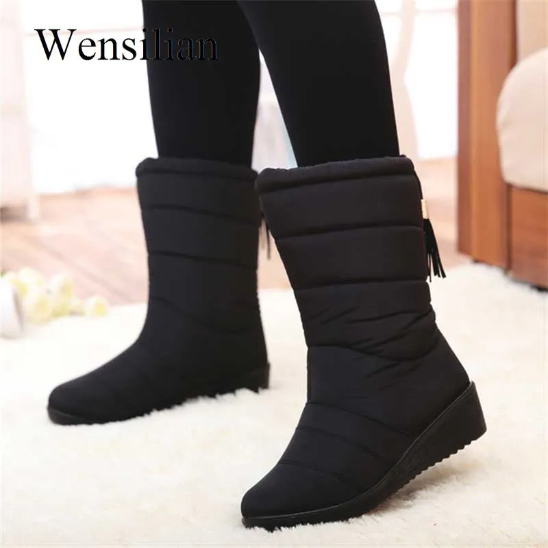 Boots Women Waterproof Snow Boots Mid-Calf Down High Bota