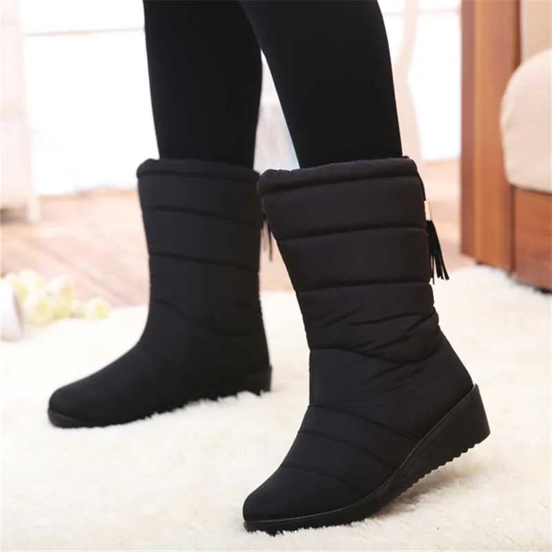 Boots Women Waterproof Snow Boots Mid-Calf Down High Bota