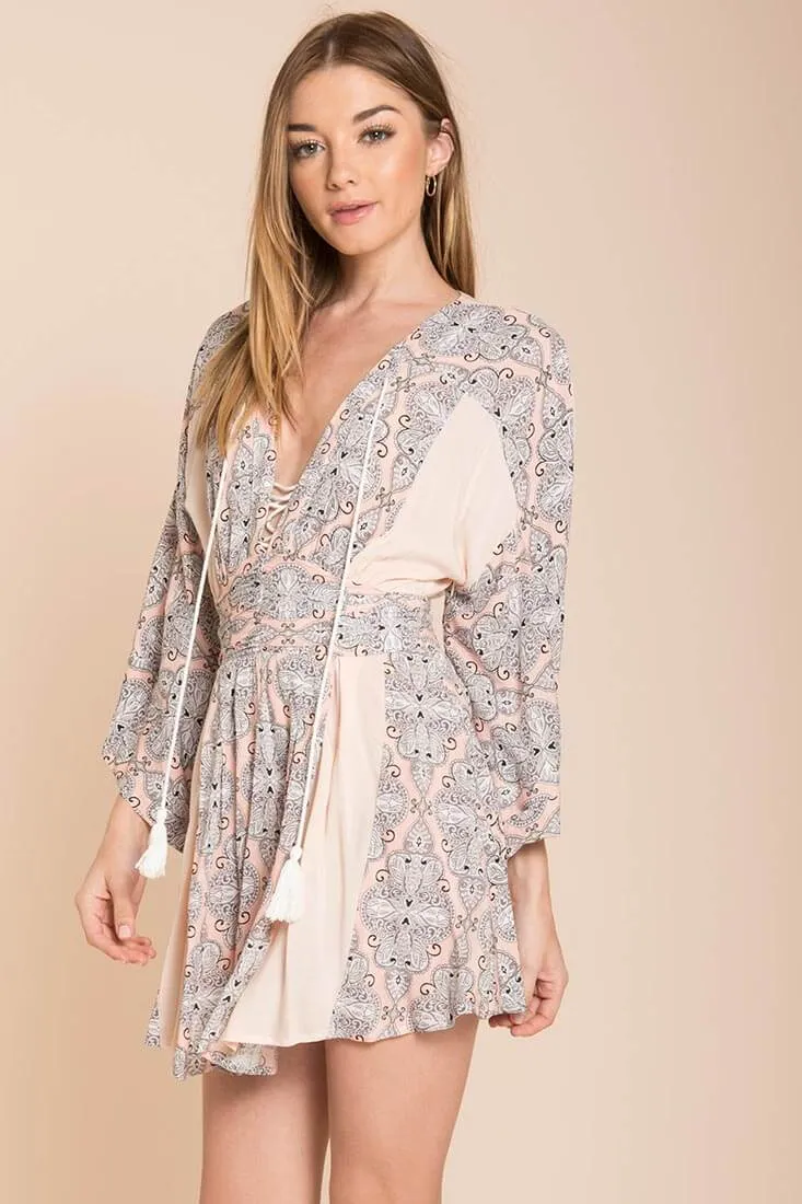 Brielle Bell Sleeve Summer Dress Peach Print