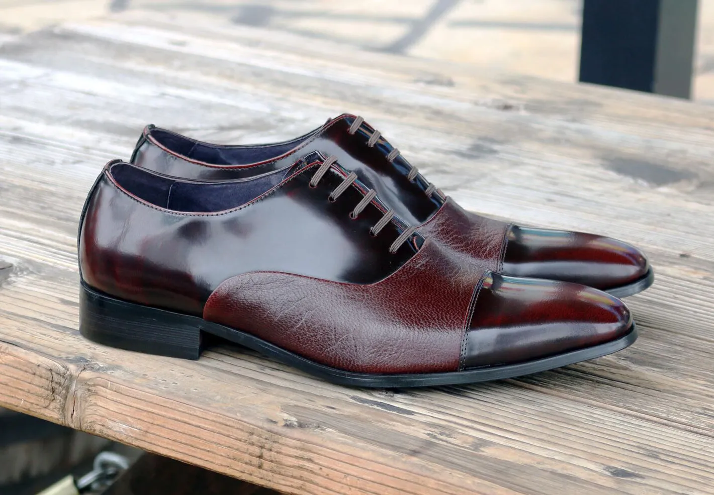 Calfskin & Deerskin Lace-Up Oxford Burgundy