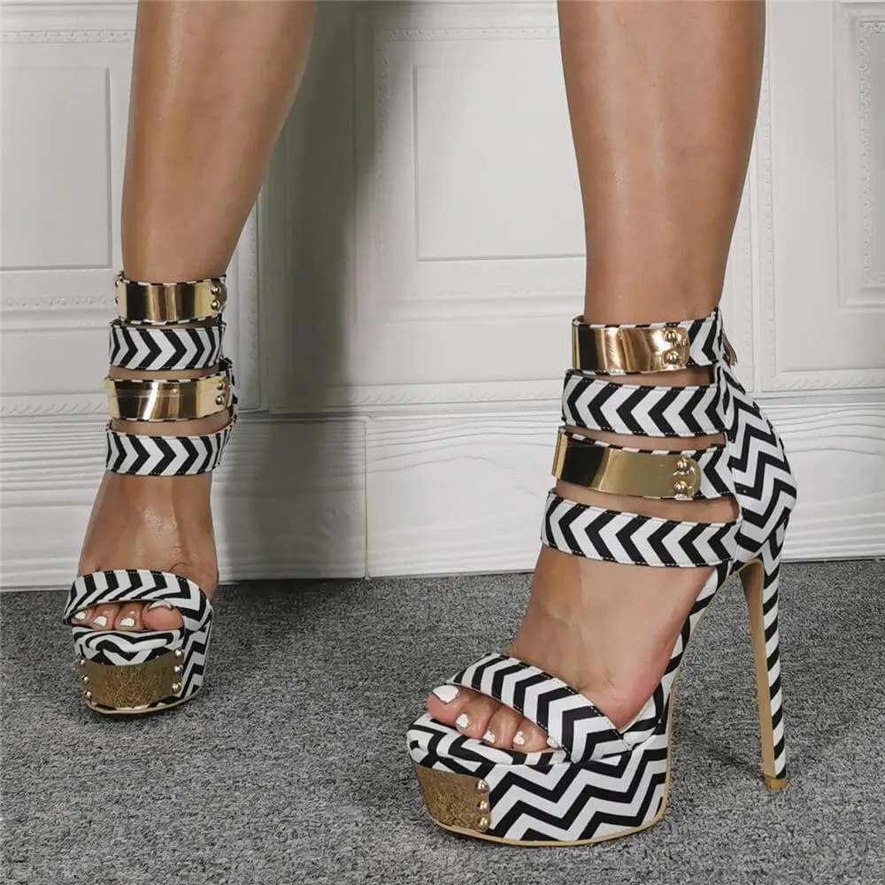 Club Stripes Platform Peep Toe High Heel Sandals