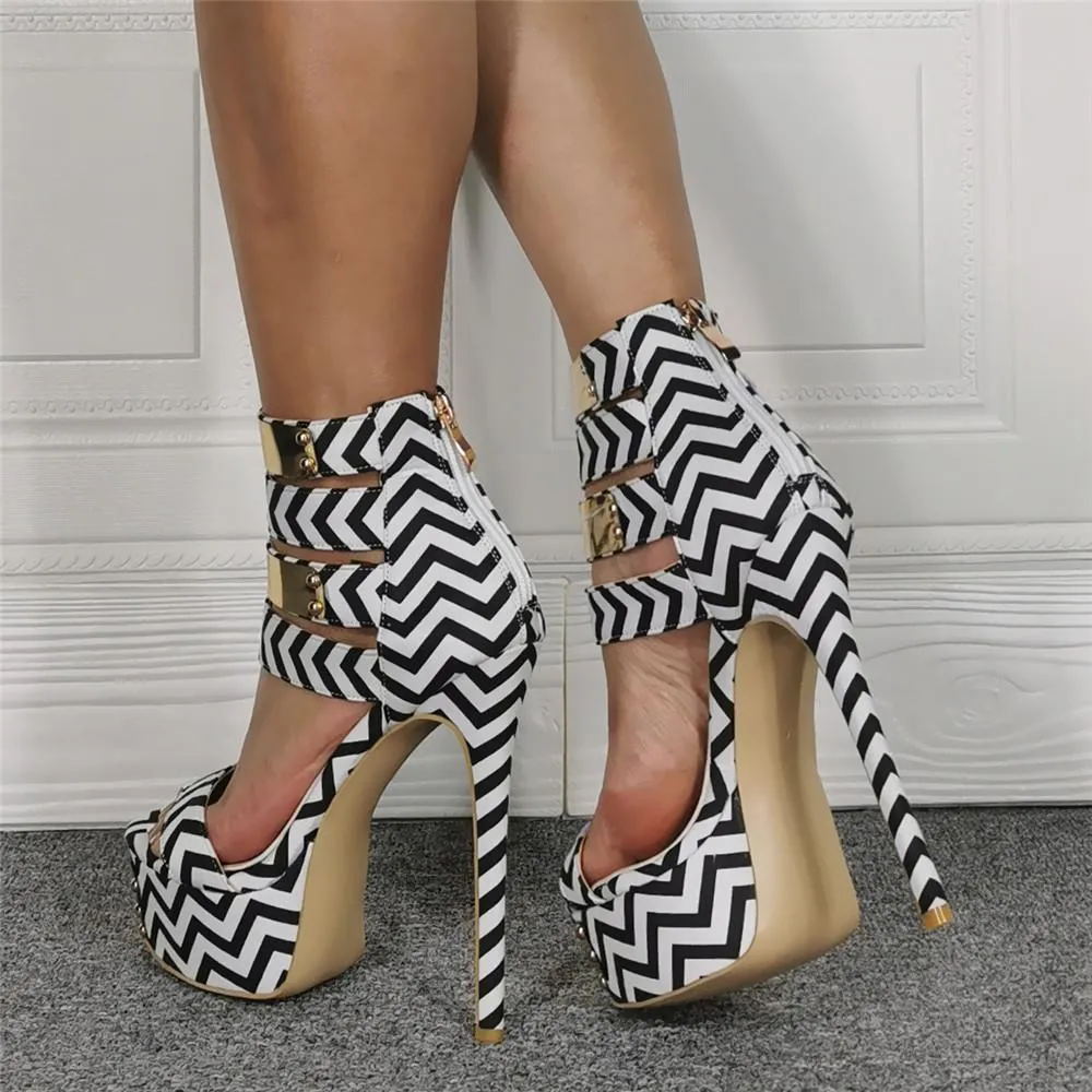 Club Stripes Platform Peep Toe High Heel Sandals