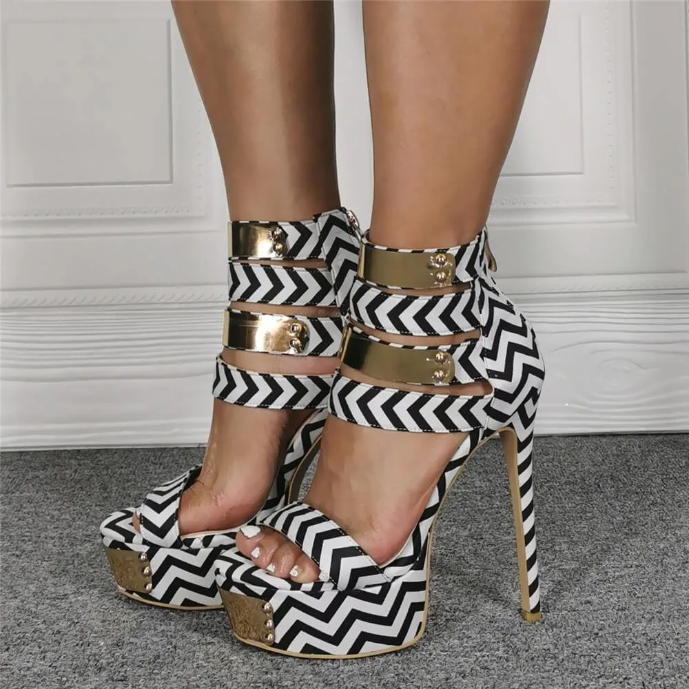 Club Stripes Platform Peep Toe High Heel Sandals