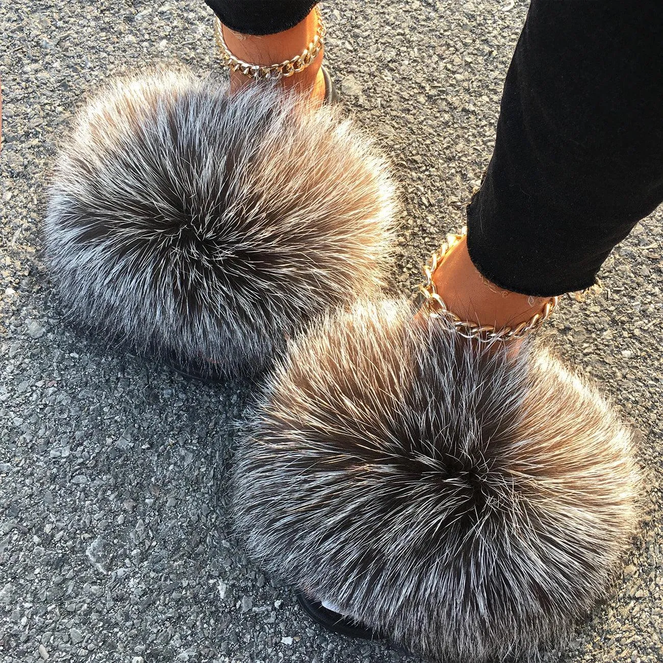 Extra Large Real Fox Raccoon Fur Slides - Designer Beach Sandals with Plush Furry Detailing for Women