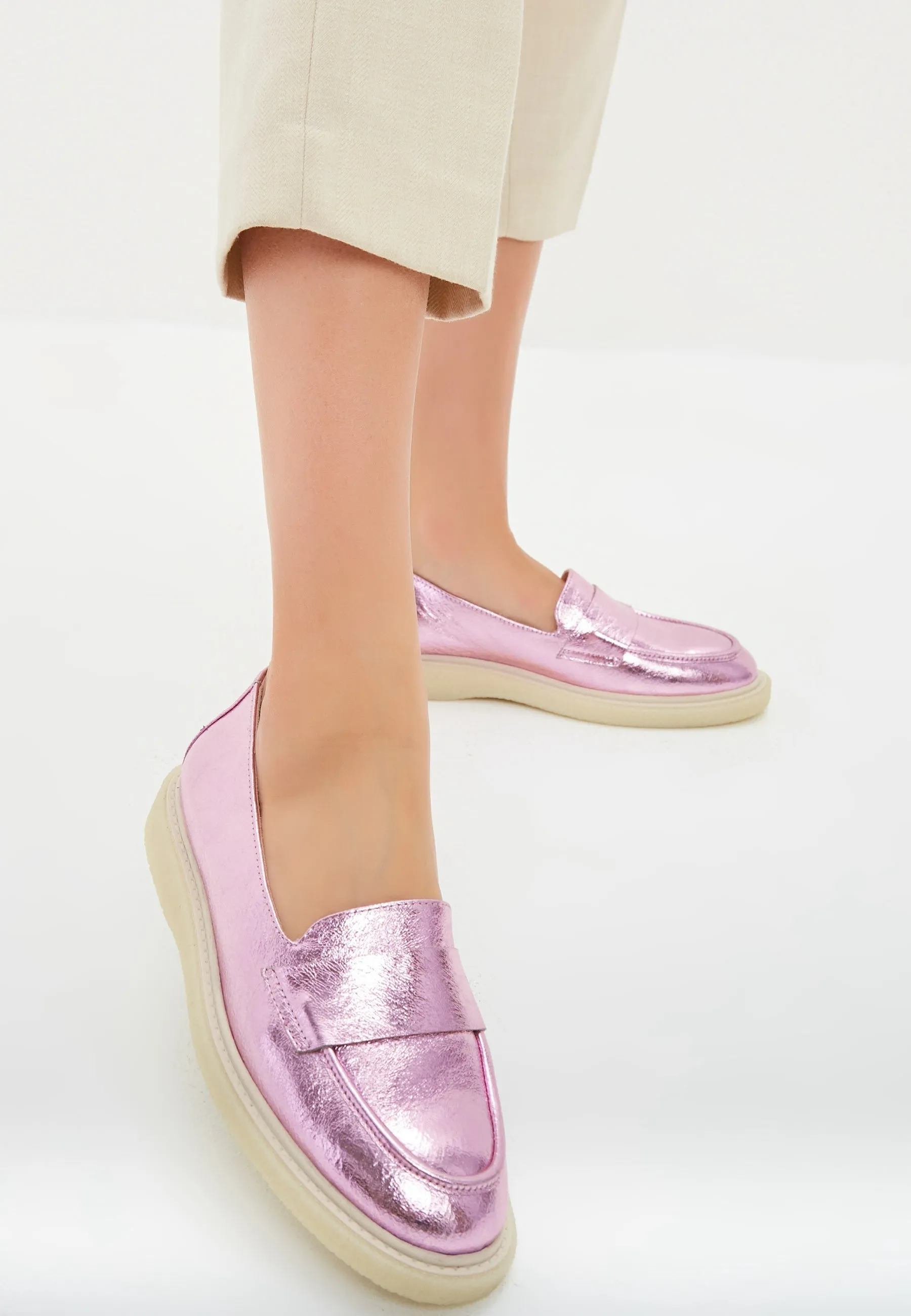 Flat Sole Loafers - Metallic Pink