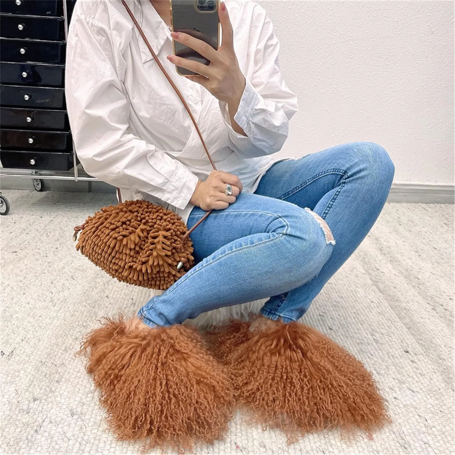 Fluffy Real Mongolian Sheep Fur Slippers Closed Toe For Women Furry Big Outdoor Flat Luxury Slides