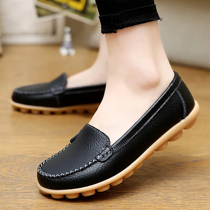 Genuine leather shoes woman solid slip on boat shoes for women flats shoes big size 35-44 loafers chaussure femme