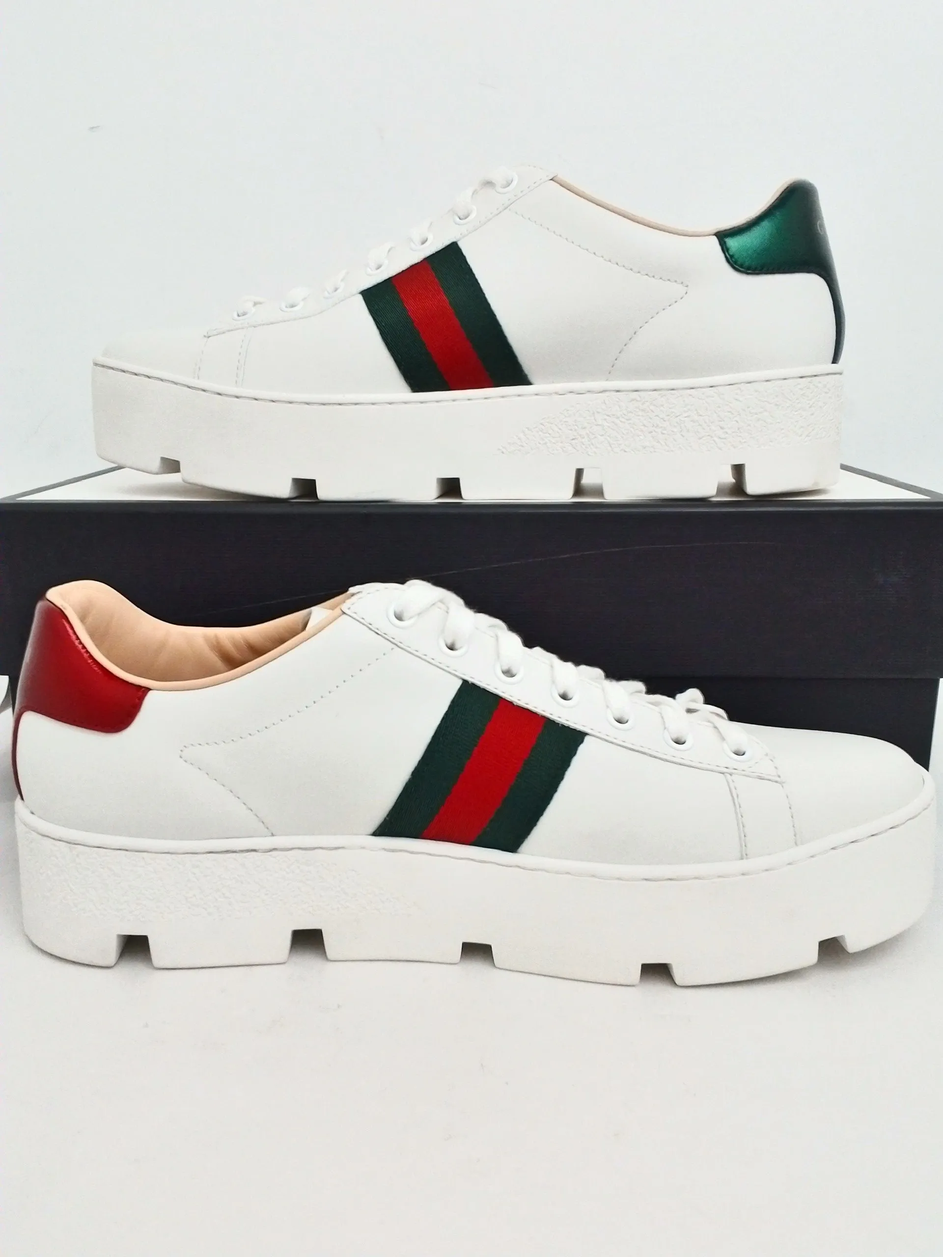 Gucci Women's Miro sot silk White/Red/Green Platform Sneakers Size 42