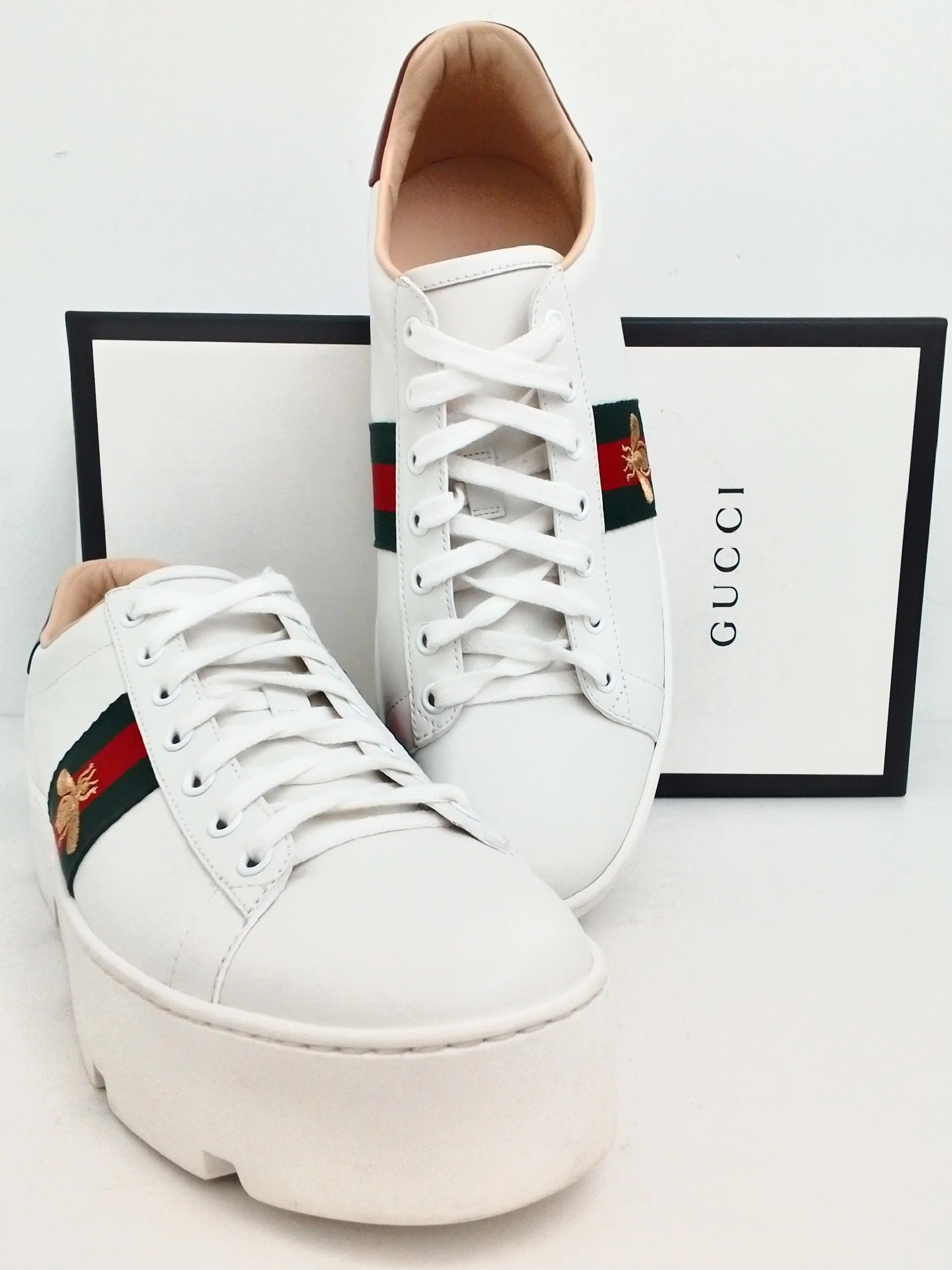 Gucci Women's Miro sot silk White/Red/Green Platform Sneakers Size 42