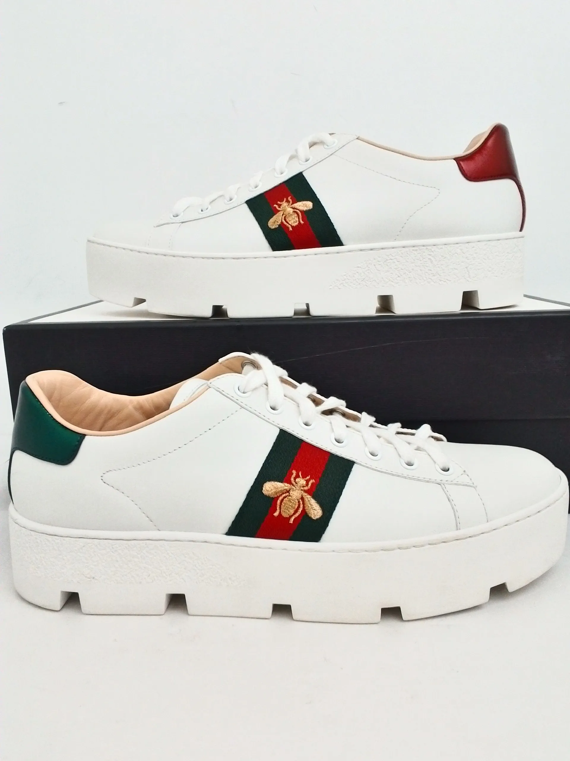 Gucci Women's Miro sot silk White/Red/Green Platform Sneakers Size 42