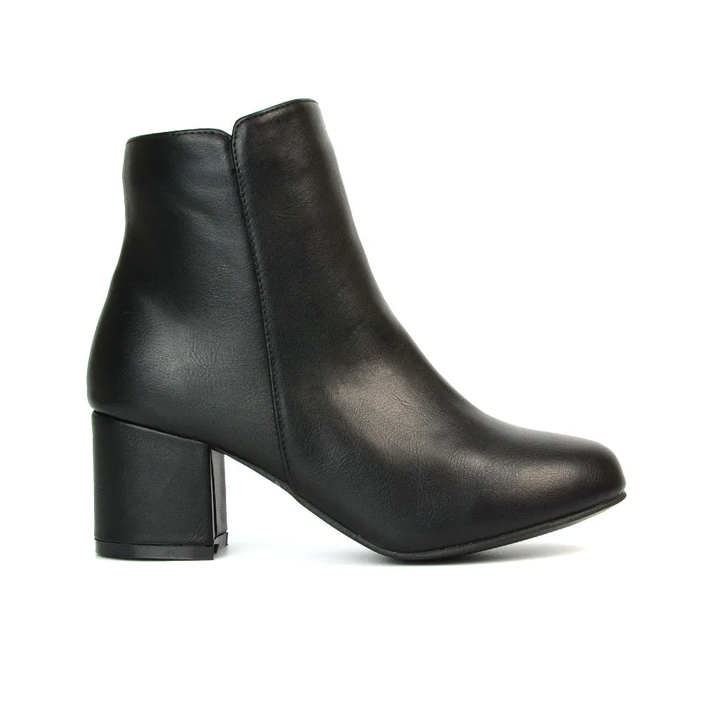 Jade Mid Block Heel Winter Zip Up Heeled Women Ankle Boots in Black Faux Suede