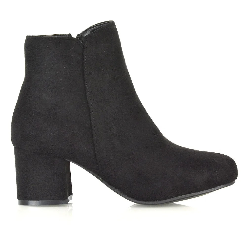 Jade Mid Block Heel Winter Zip Up Heeled Women Ankle Boots in Black Faux Suede