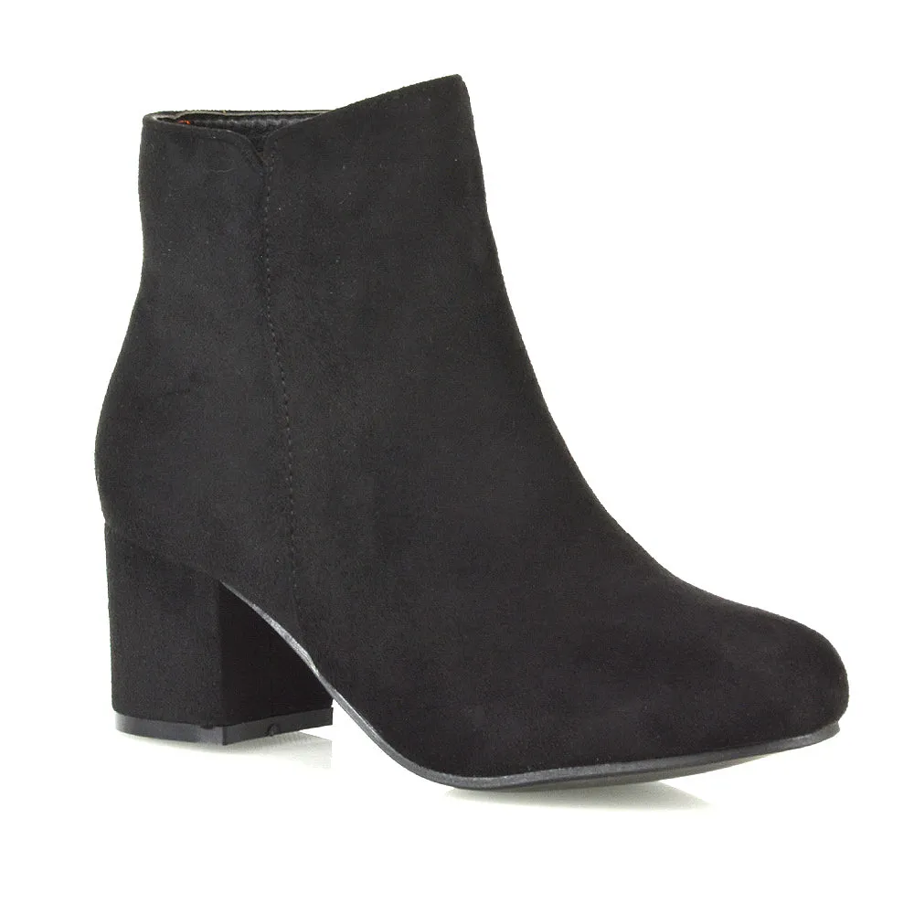 Jade Mid Block Heel Winter Zip Up Heeled Women Ankle Boots in Black Faux Suede