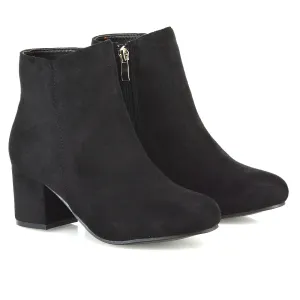 Jade Mid Block Heel Winter Zip Up Heeled Women Ankle Boots in Black Faux Suede