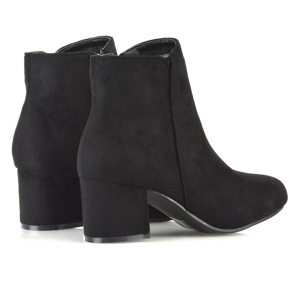 Jade Mid Block Heel Winter Zip Up Heeled Women Ankle Boots in Black Faux Suede