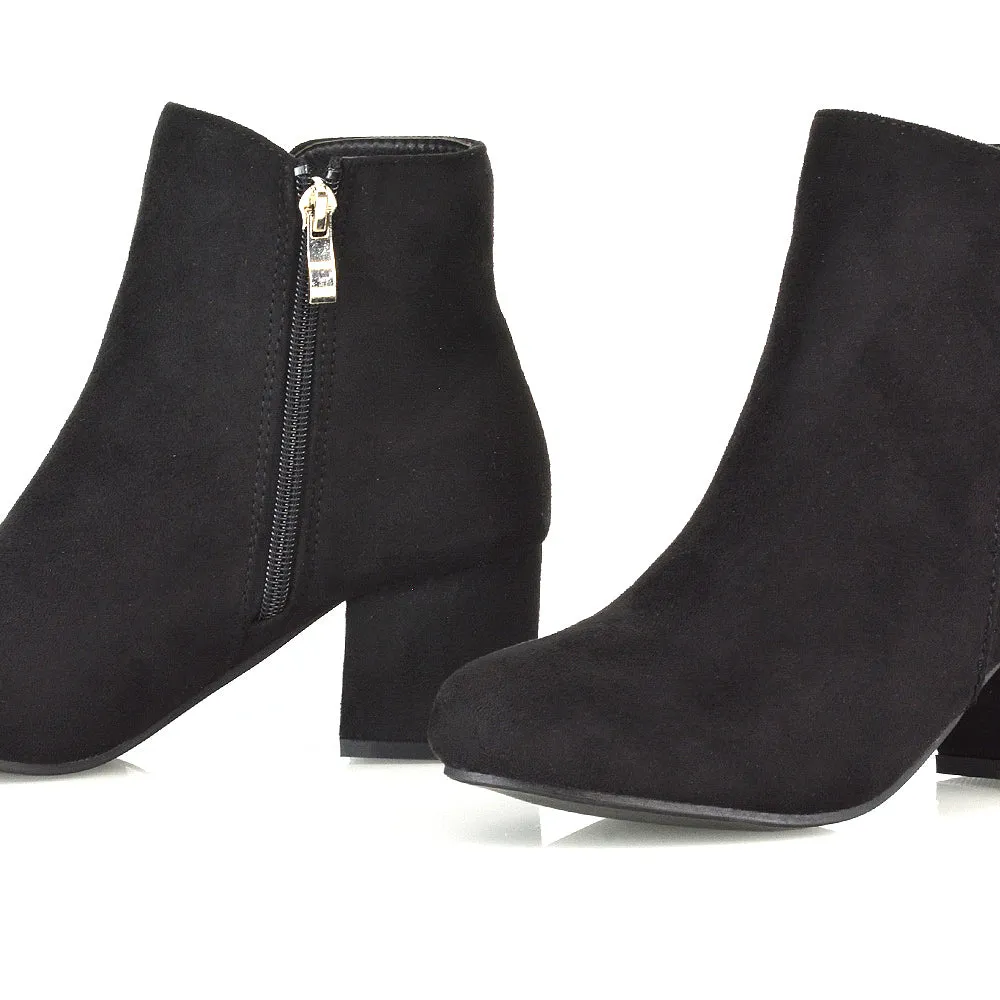 Jade Mid Block Heel Winter Zip Up Heeled Women Ankle Boots in Black Faux Suede