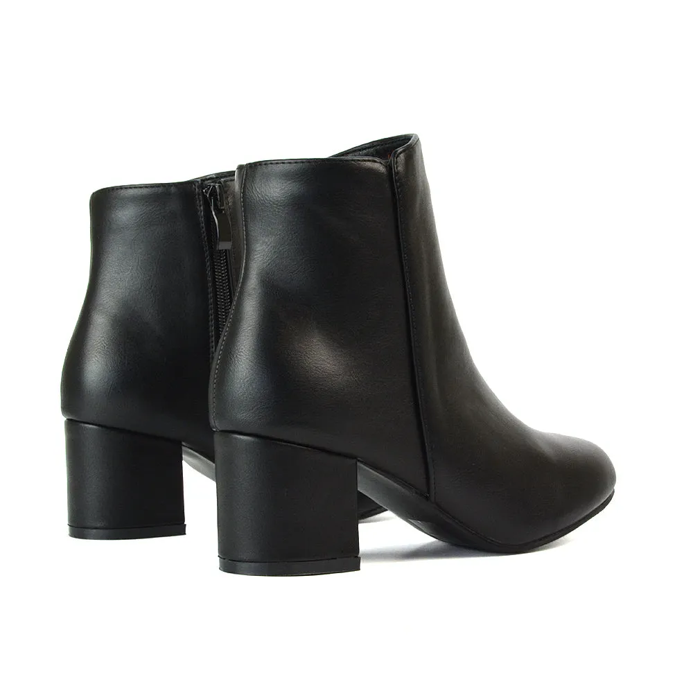 Jade Mid Block Heel Winter Zip Up Heeled Women Ankle Boots in Black Faux Suede