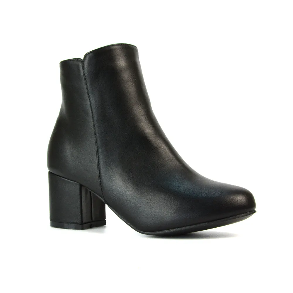 Jade Mid Block Heel Winter Zip Up Heeled Women Ankle Boots in Black Faux Suede