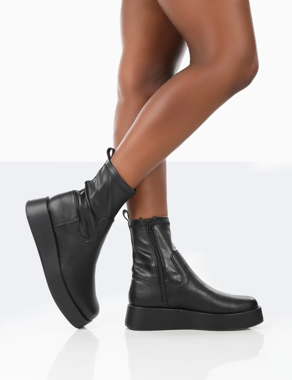 Not Okay Black Pu Chunky Sole Platform Sock Ankle Boots