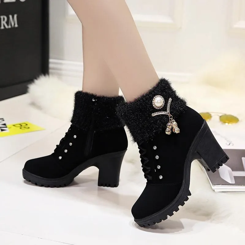 Rhinestone Fringe Chunky High Heel Lace Up Warm Lining Keep Warm Women Winter Booties