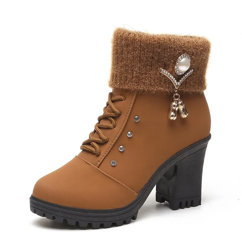 Rhinestone Fringe Chunky High Heel Lace Up Warm Lining Keep Warm Women Winter Booties