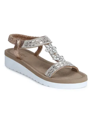 Rose Gold Met Diamante Platform Slip-On Sandals