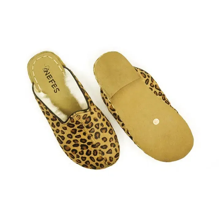 Sheepskin Yellow Leopard Print Women's Slippers