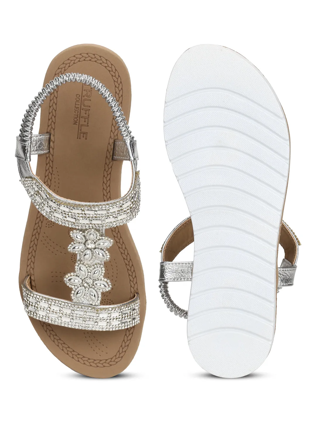 Silver Met Diamante Platform Slip-On Sandals