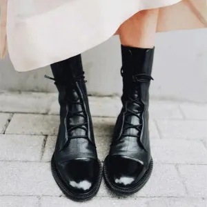 Women lace up mid calf fashion England style black boots