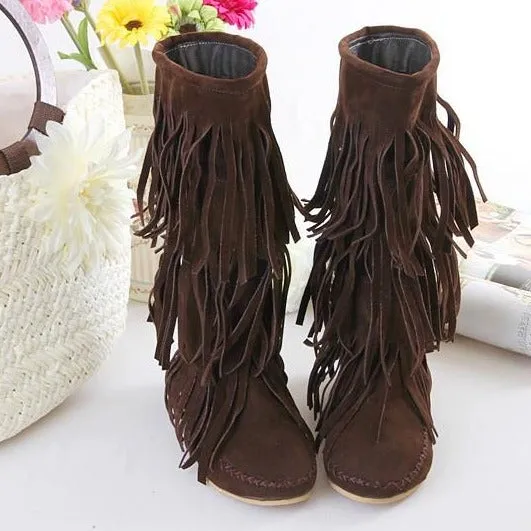 Women mid calf flat solid color slip on fringe boots