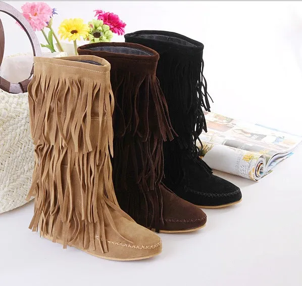 Women mid calf flat solid color slip on fringe boots