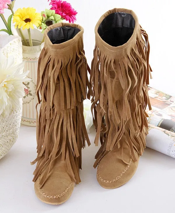 Women mid calf flat solid color slip on fringe boots