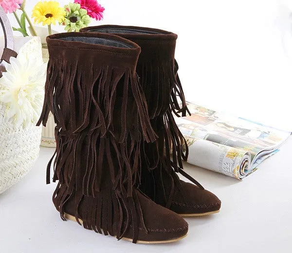 Women mid calf flat solid color slip on fringe boots