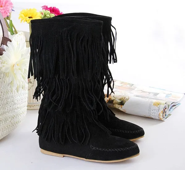 Women mid calf flat solid color slip on fringe boots