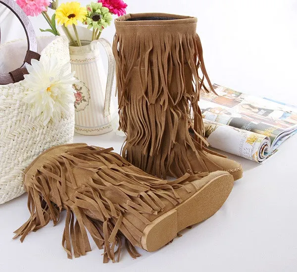 Women mid calf flat solid color slip on fringe boots