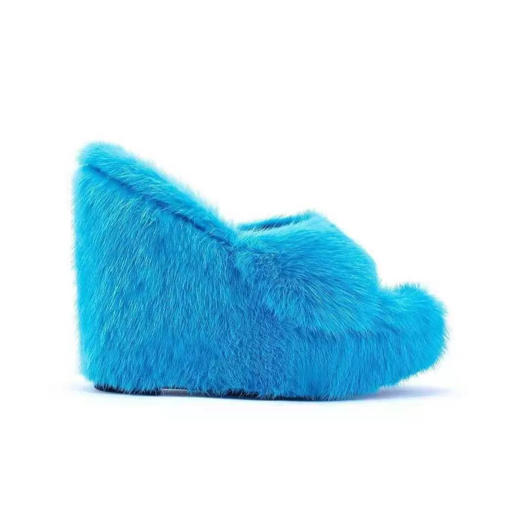 Women's peep toe plush platform wedge slippers | Winter fashion indoor shoes